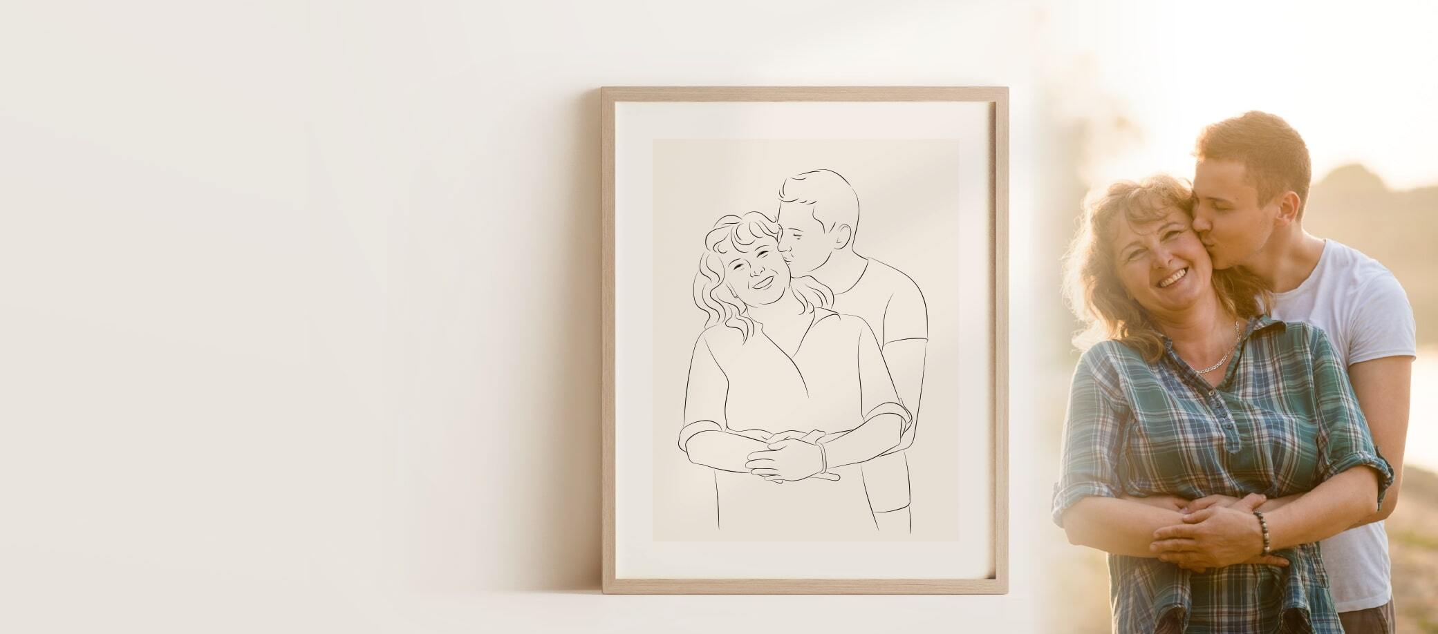 Rysunek Line Art uśmiechniętej matki z synem