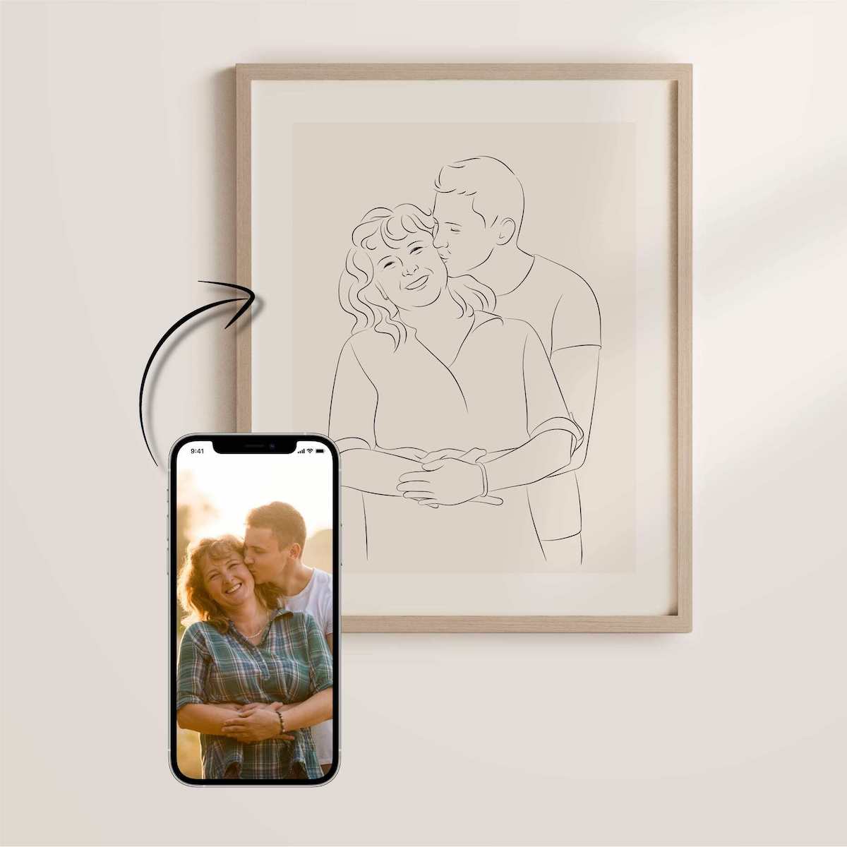 Matka i syn narysowani w stylu Line Art jako prezent na Dzień Matki