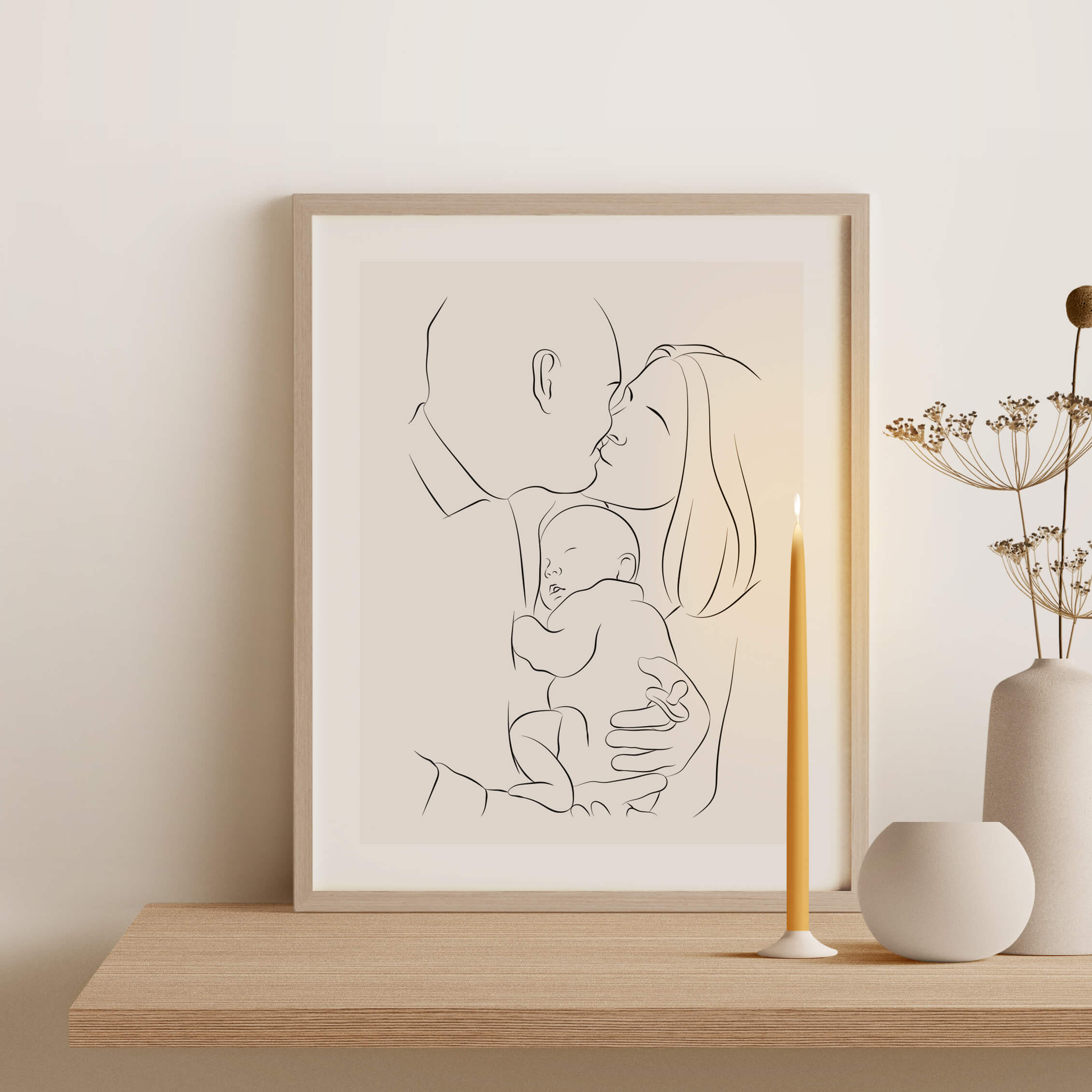 Ilustracja Line Art pary trzymającej śpiące dziecko