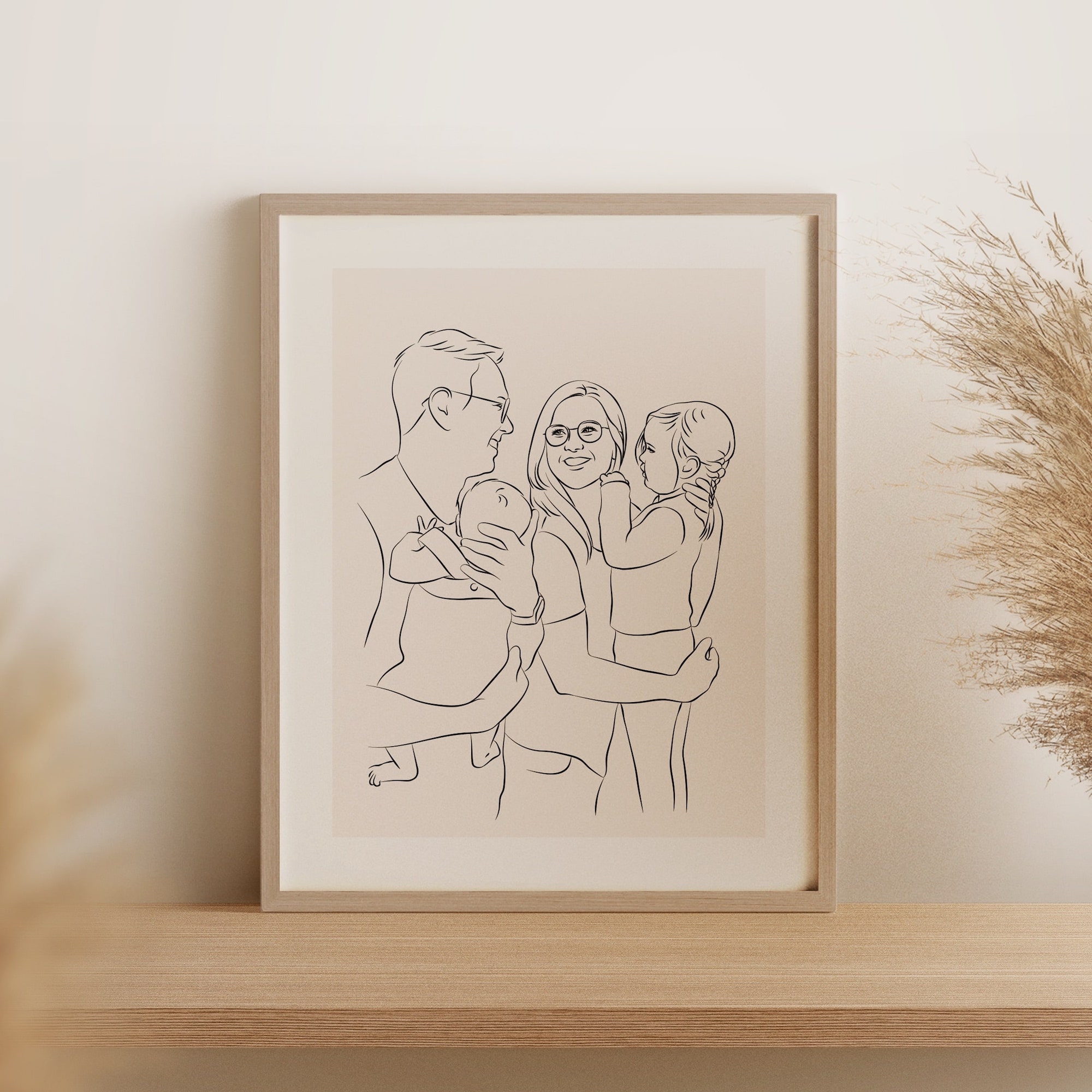 Młoda rodzina z 2 dzieci narysowana w stylu Line Art