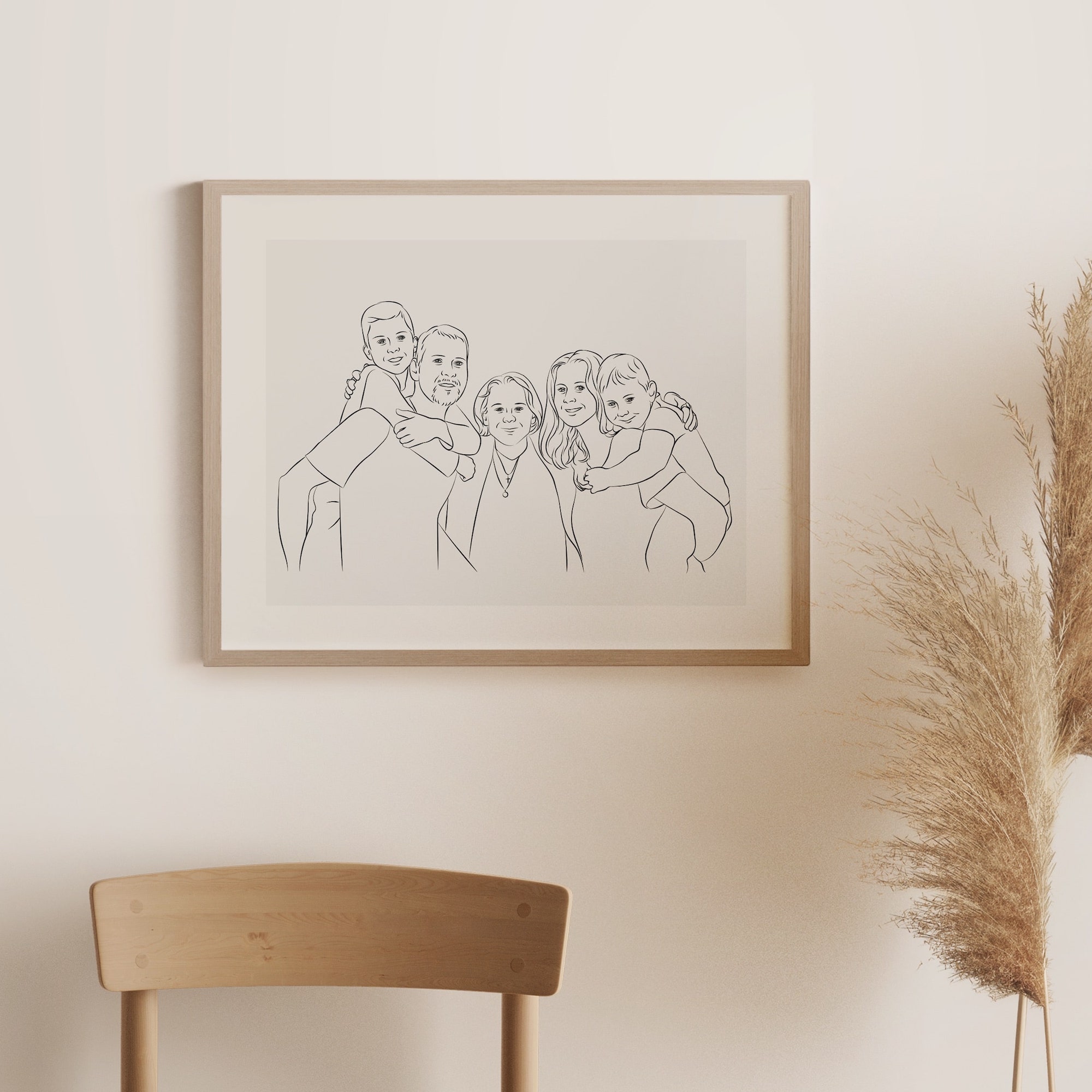 Narysowane zdjęcie rodzinne w stylu Line Art z babcią w centrum obrazu