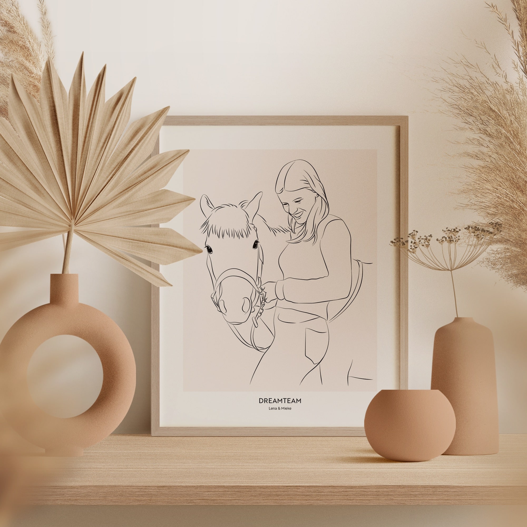 Rysunek Line Art konia obok młodej kobiety