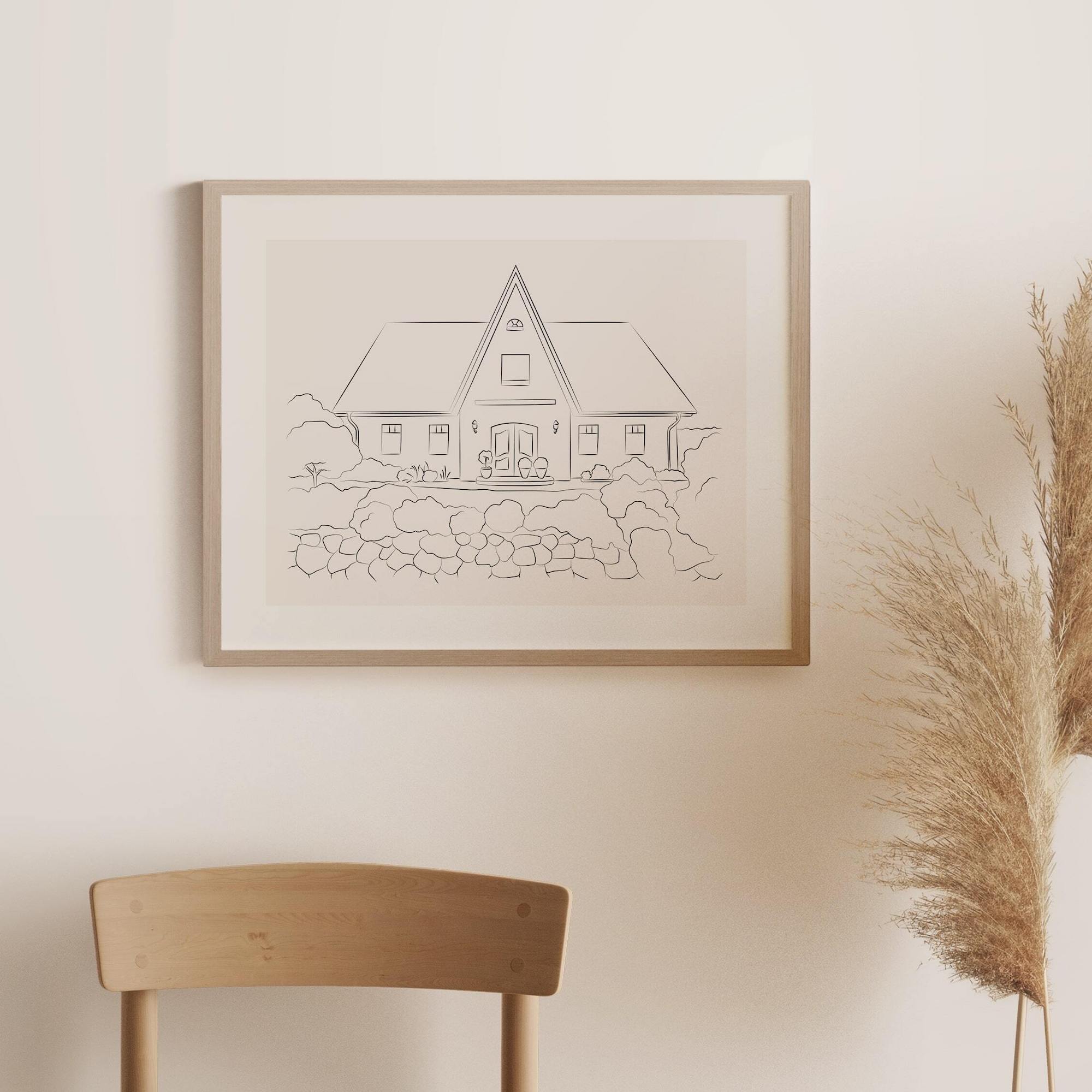 Rysunek domu z ostrym dachem w stylu Line Art
