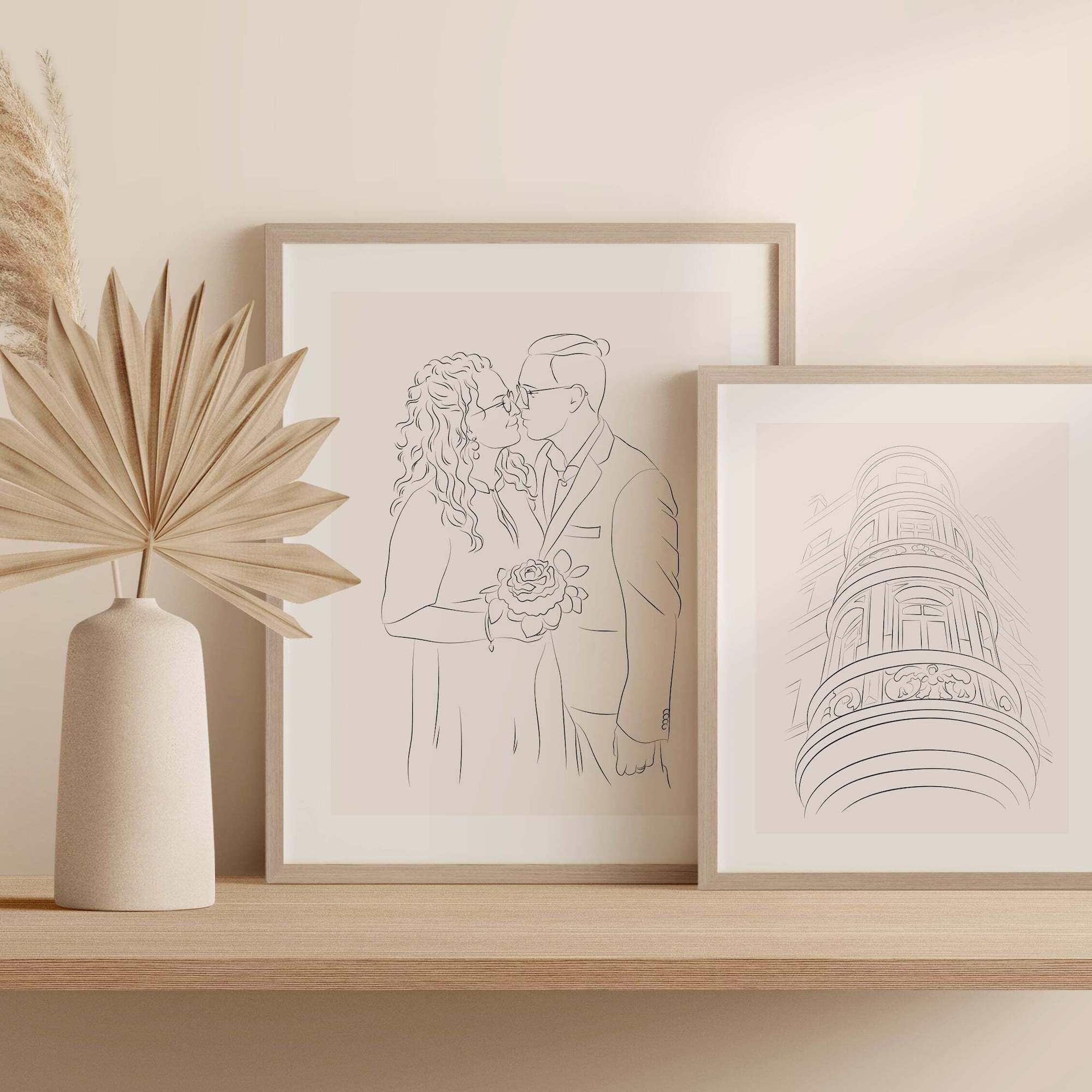 Rysunek fasady domu w stylu Line Art obok ilustracji pary