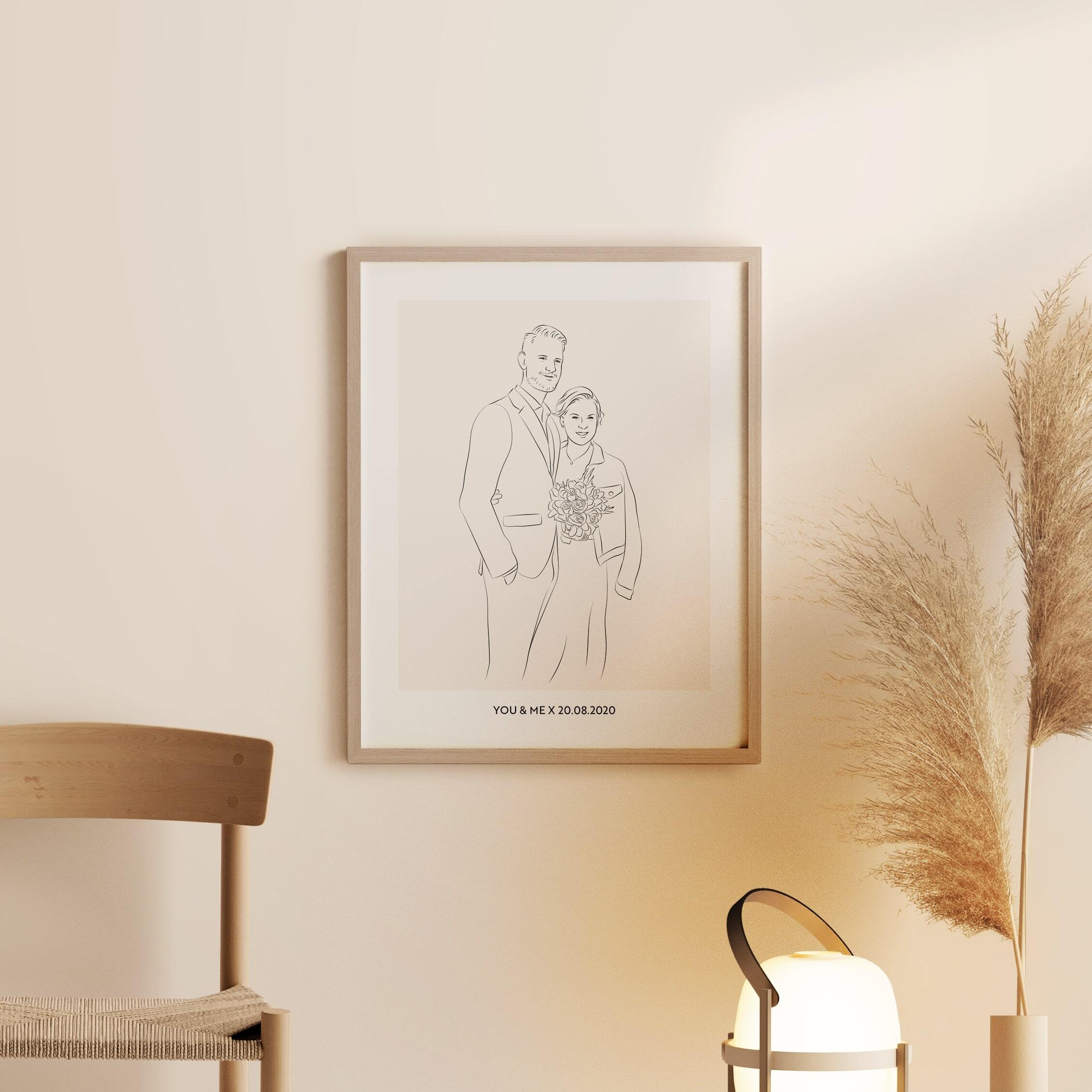 Ilustracja Line Art pary ślubnej z bukietem i datą ślubu jako podpisem
