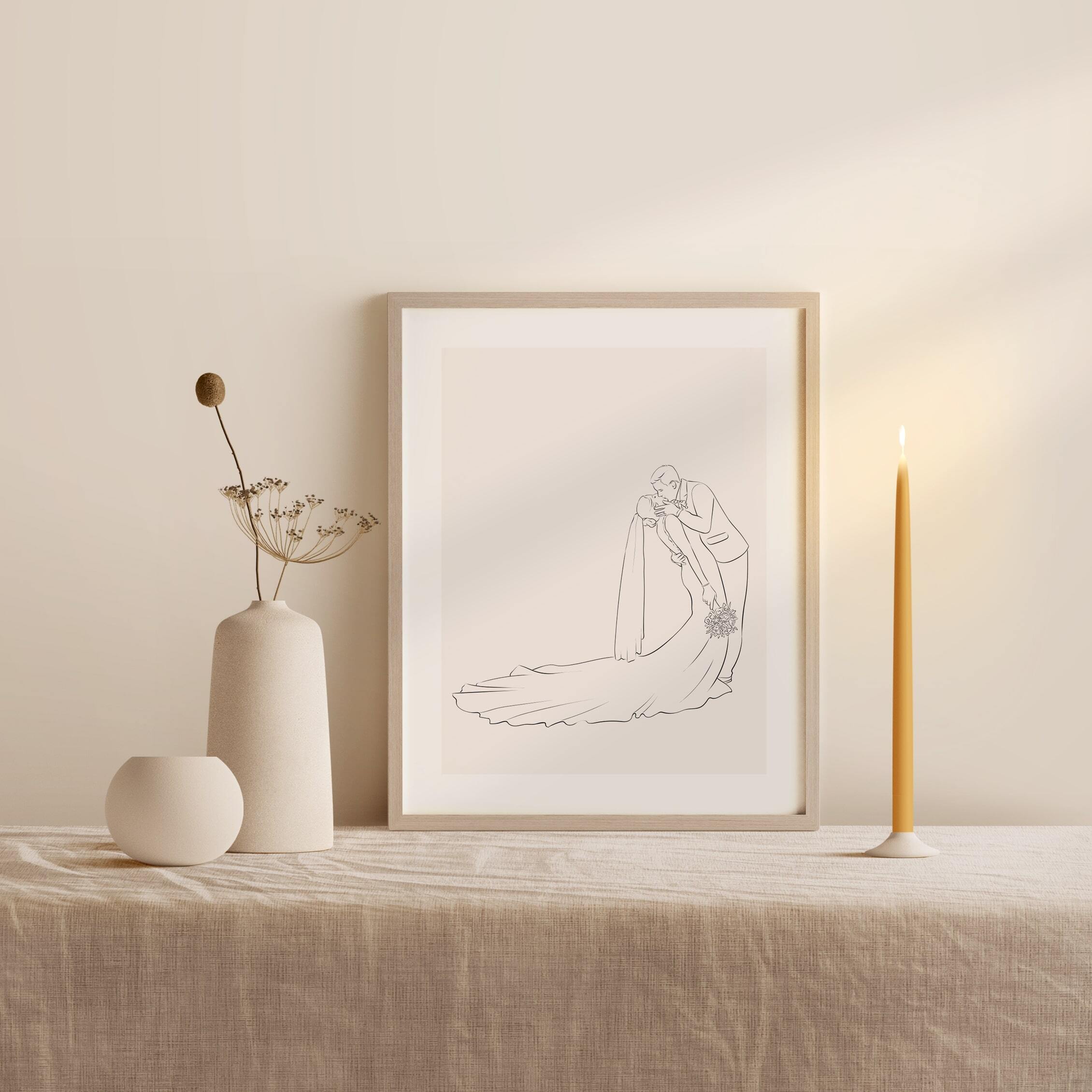 Zdjęcie ślubne całującej się pary w profilu, zilustrowane w stylu Line Art