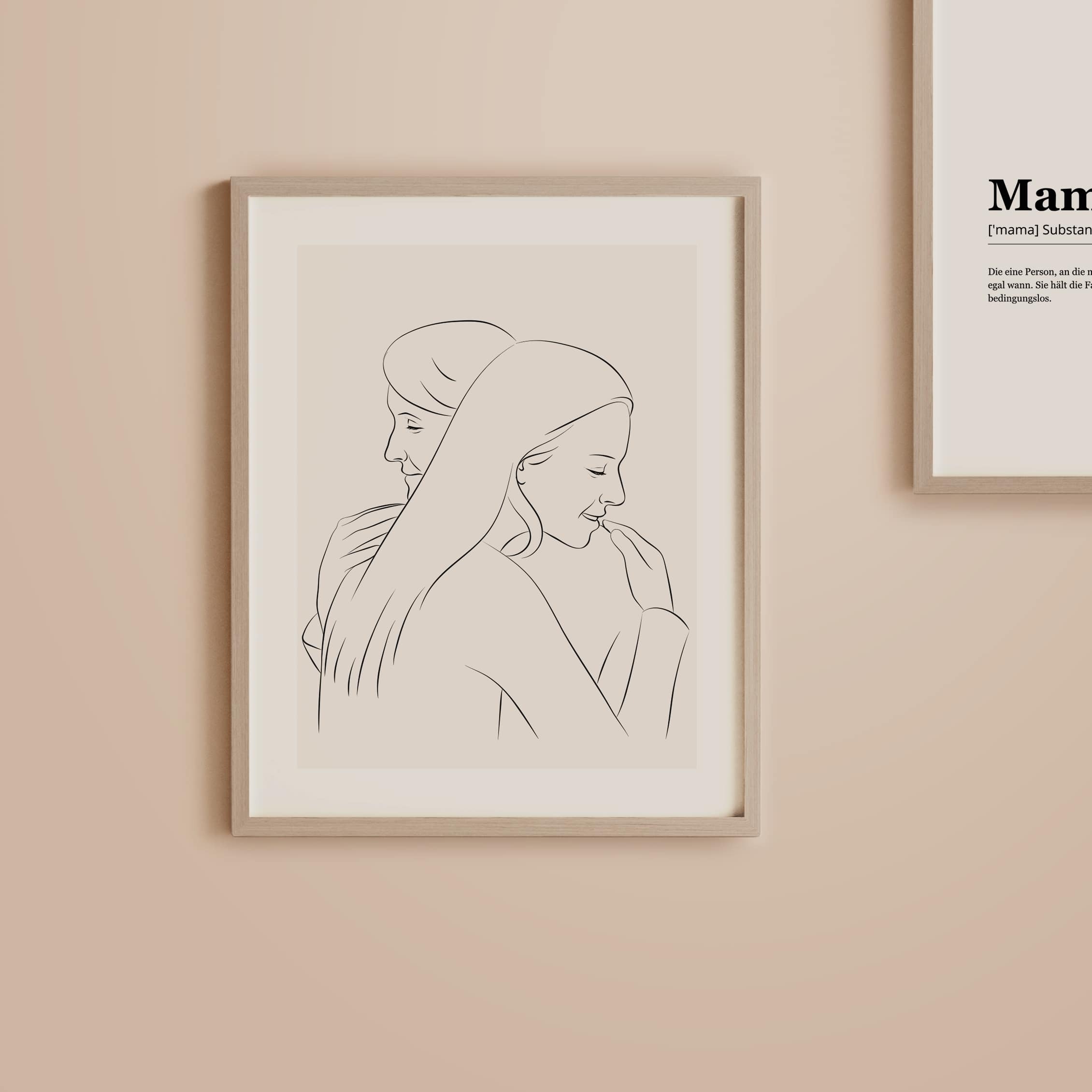 Matka obejmująca córkę, zilustrowana w stylu Line Art