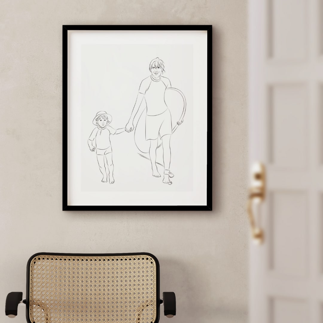 Syn i ojciec surfujący, zilustrowani w stylu Line Art