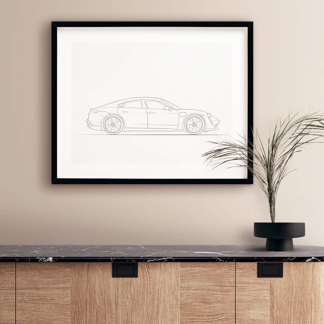 Rysunek Line Art Porsche Taycana z boku