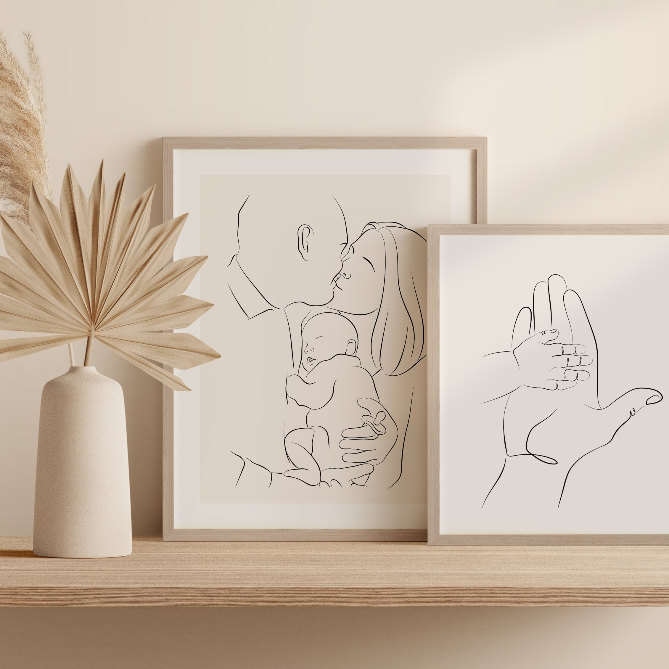 Kombinacja dwóch rysunków Line Art, pary z dzieckiem i małej ręki dotykającej większej ręki